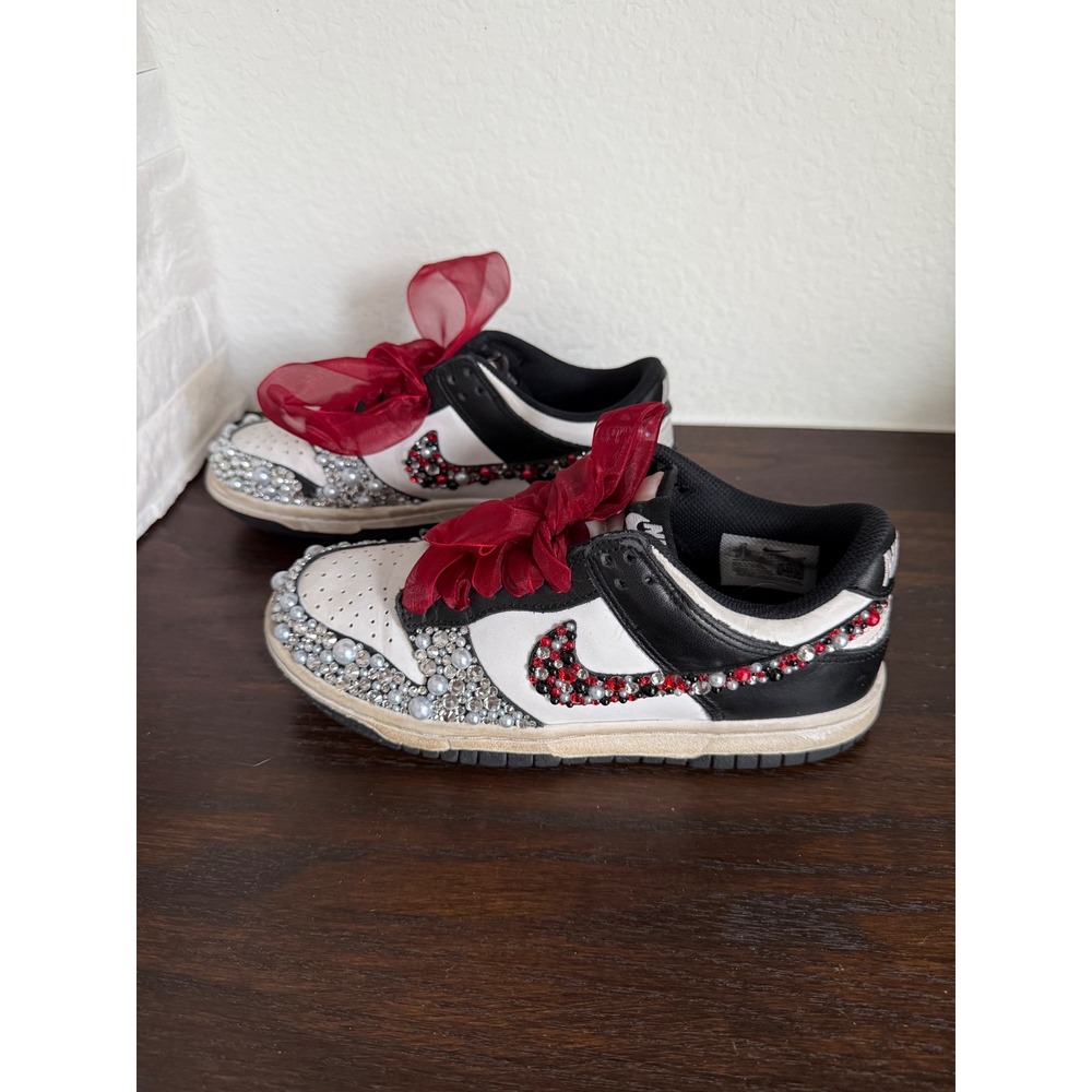 Nike Dunk Low Custom Rhinestone Pearl Black White Red Ribbon Laces 4Y
